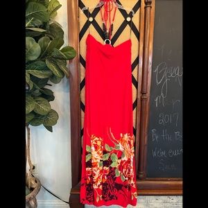 Takara Red Floral Sun Dress, Beaded Halter Neckline